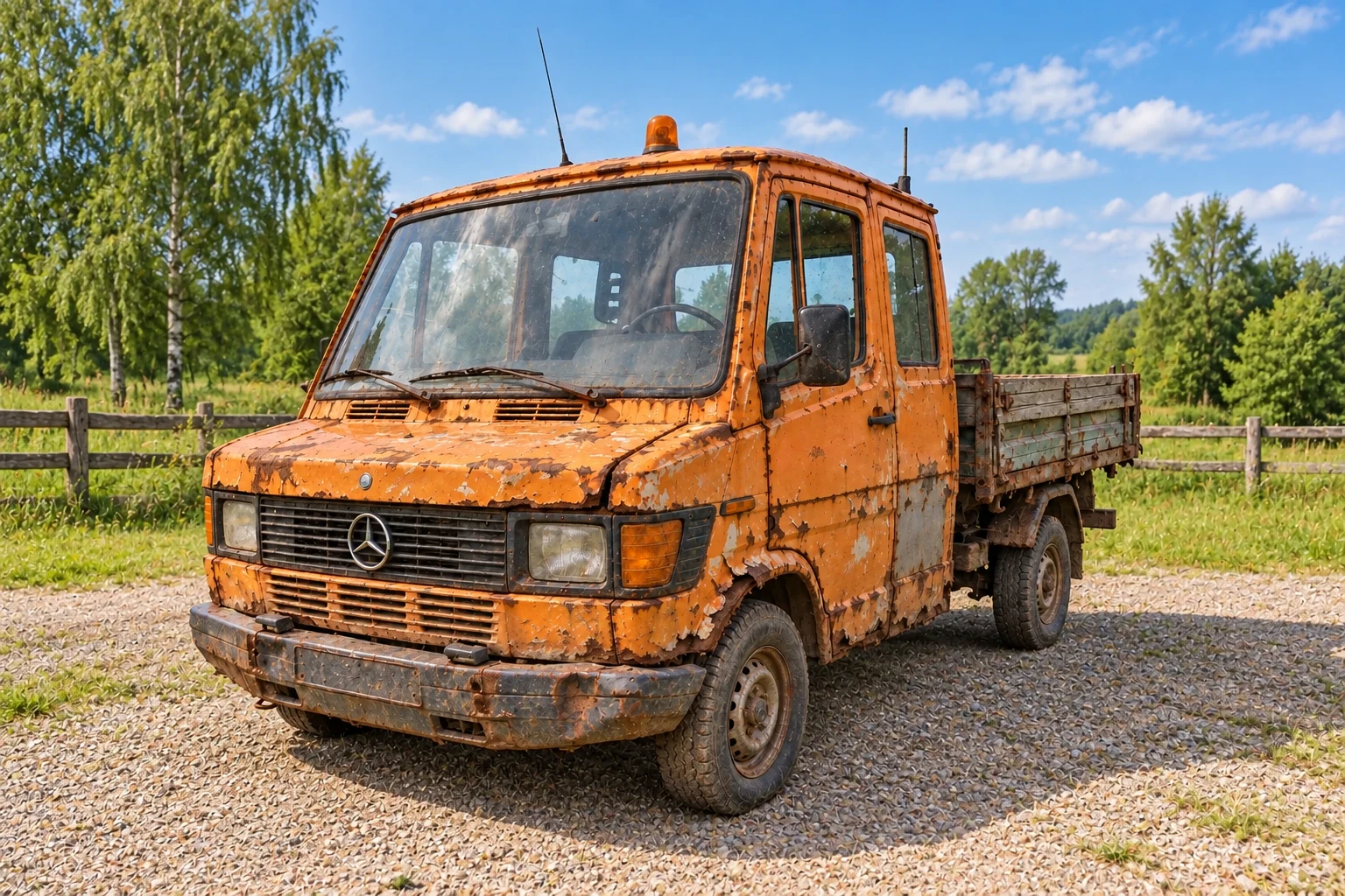Surūdijęs oranžinis darbinis Mercedes AMG su bulvių maišais