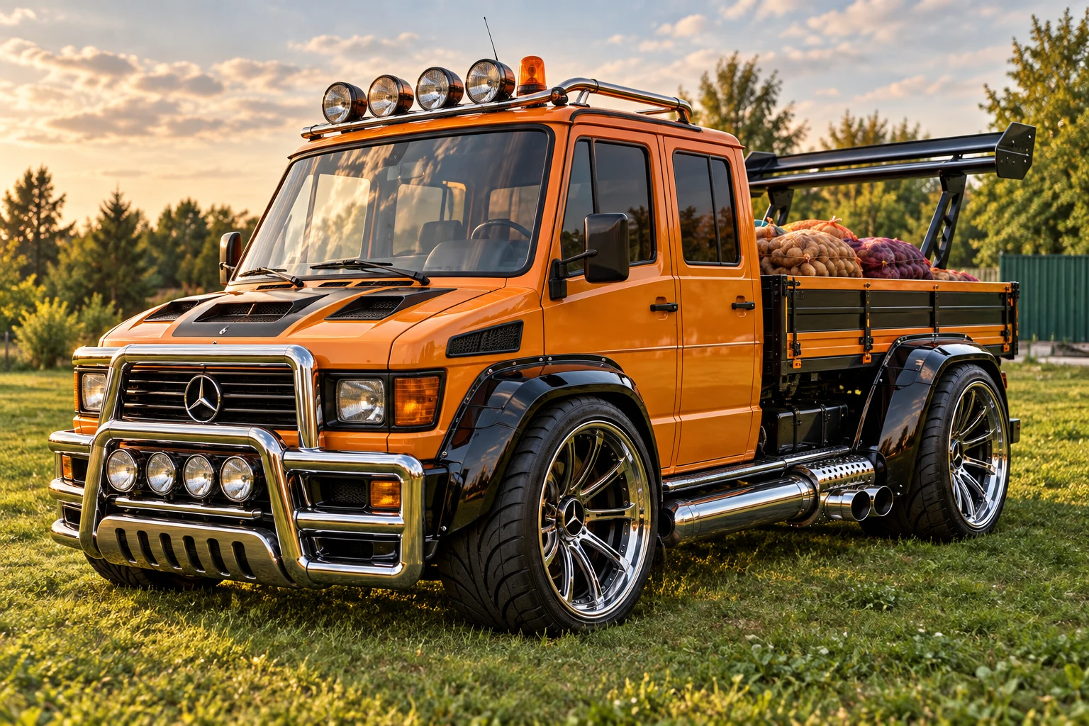 Tiuninguotas oranžinis Mercedes su bulvių maišais